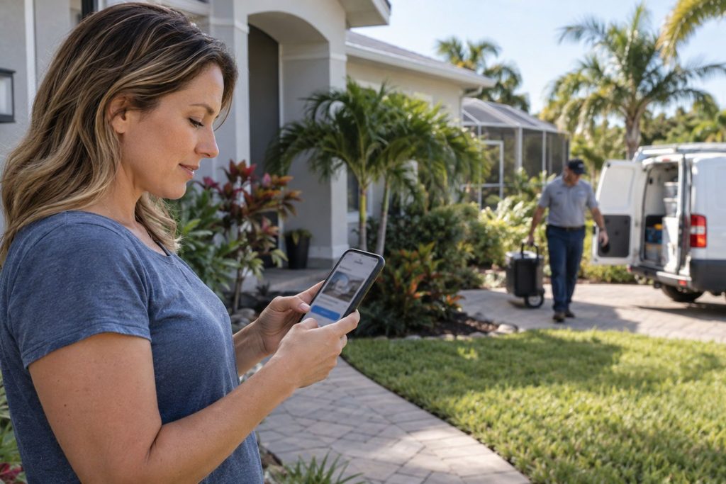 Homeowner using phone as local service provider arrives