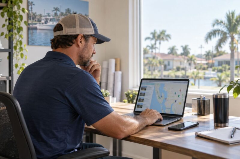 Small business owner reviewing local search visibility on a laptop