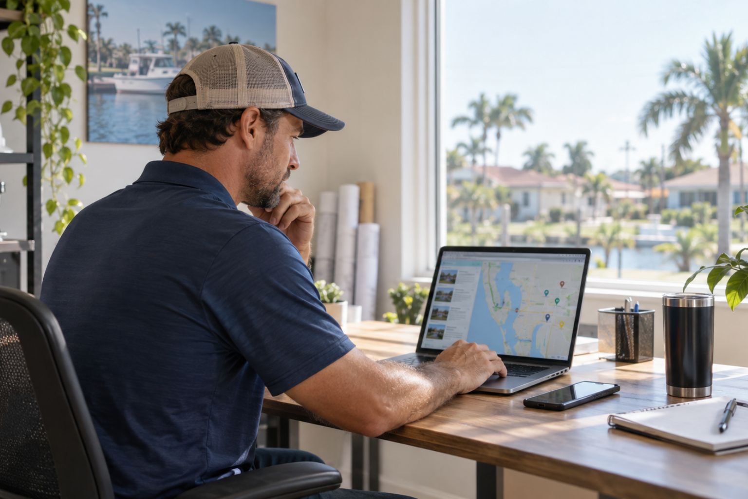 Small business owner reviewing local search visibility on a laptop