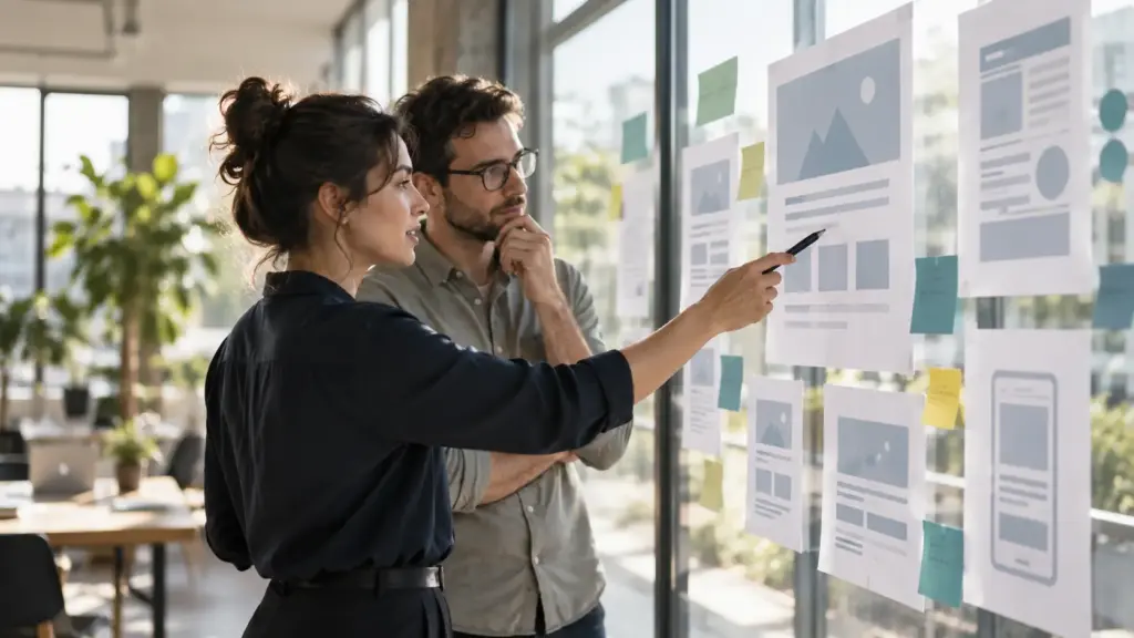 Web design ideas displayed on a sunlit glass wall
