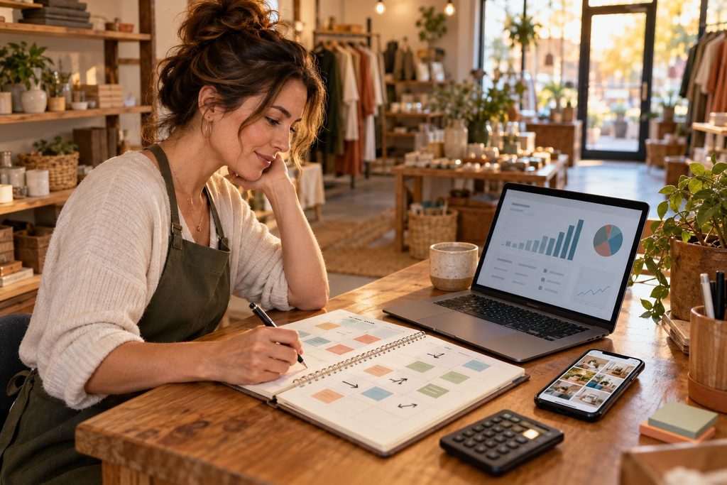 Local business owner reviewing social media analytics and planning content