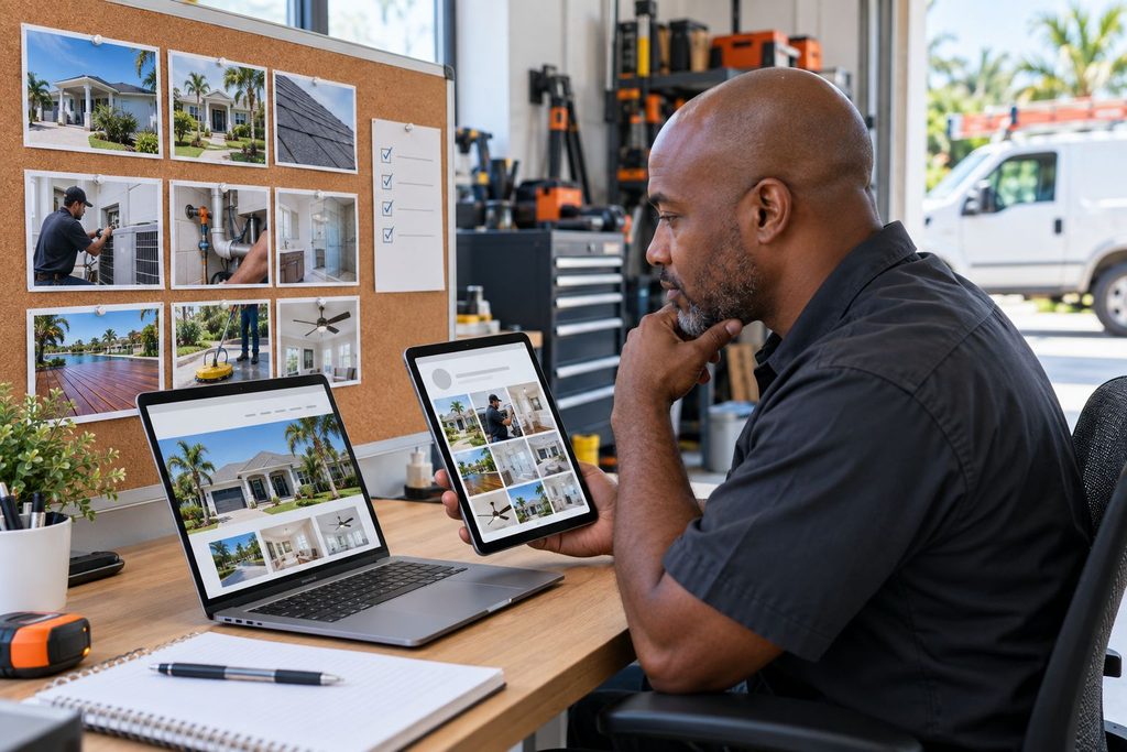 Local service business owner reviewing social media profiles across devices